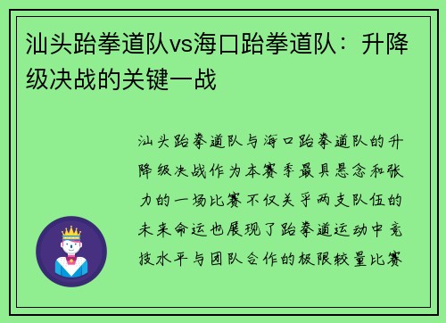 汕头跆拳道队vs海口跆拳道队：升降级决战的关键一战
